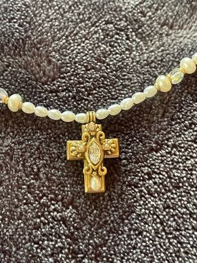 Ornate Gold Cross Pearl Necklace - Women's Elegant Pendant